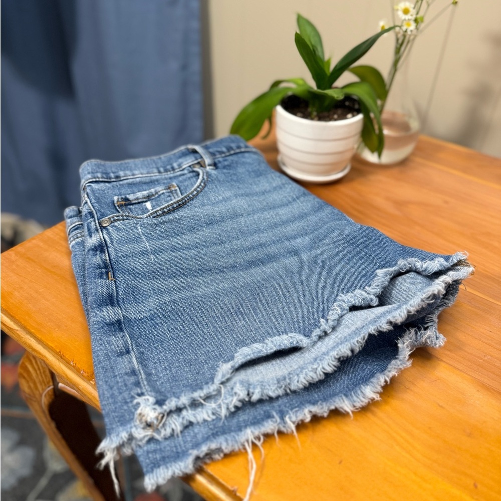 LOFT Medium Blue Frayed Hem Denim Shorts